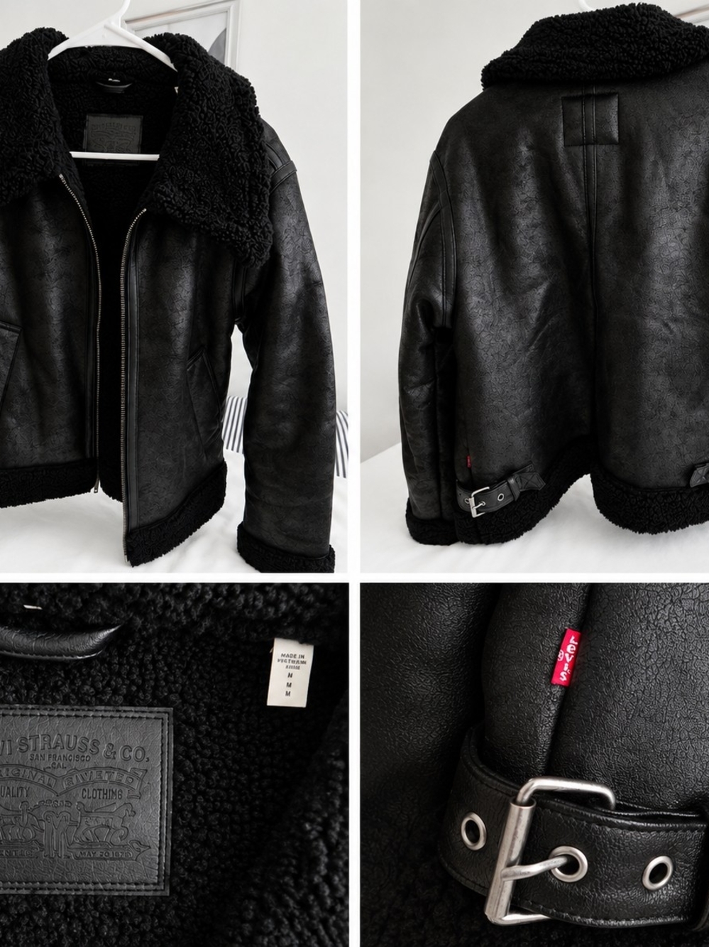 Levi's Women Black Faux Shearling Jacket with Belt Detail